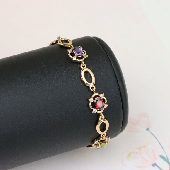 "Elegant Multicolor Oval Link Rose Gold Bracelet with Gemstones, XPBL1019 - Picture 7 of 11